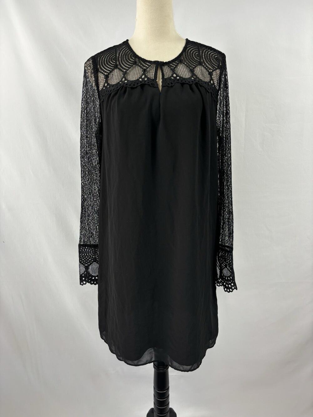 Reiss Callista Mini Dress Black 6 Lace Sleeves Sheer Lined